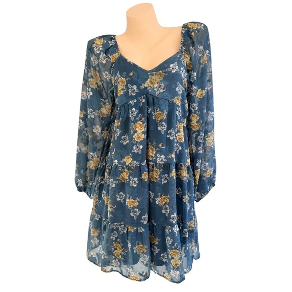 Baltic Born Dresses & Skirts - Baltic Born Lombard Tiered Dress Blue Gold Floral Cottagecore Boho Mini Medium
